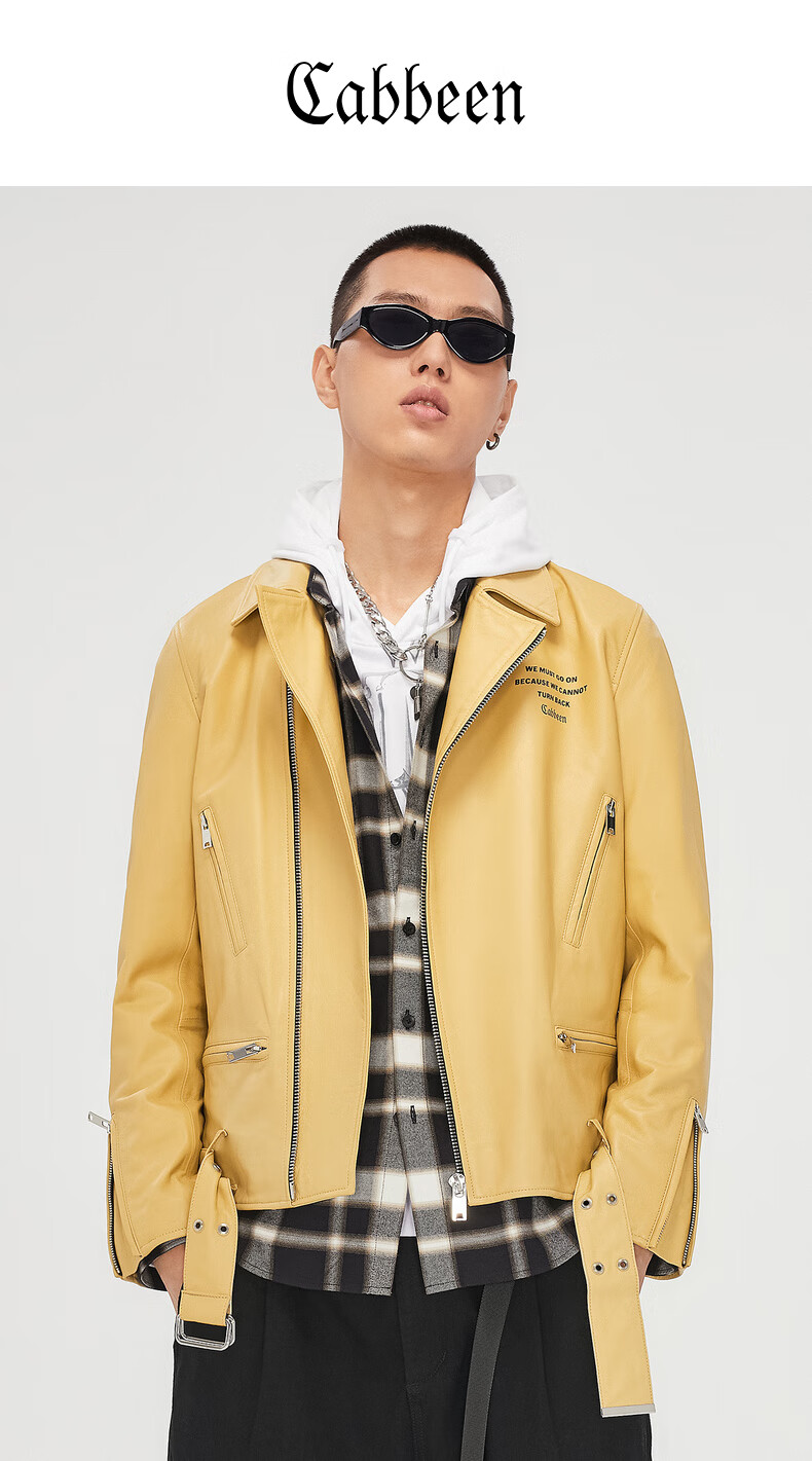 商场同款卡宾男装淡黄休闲皮衣外套3203122004潮流钢铁图腾印花e 淡