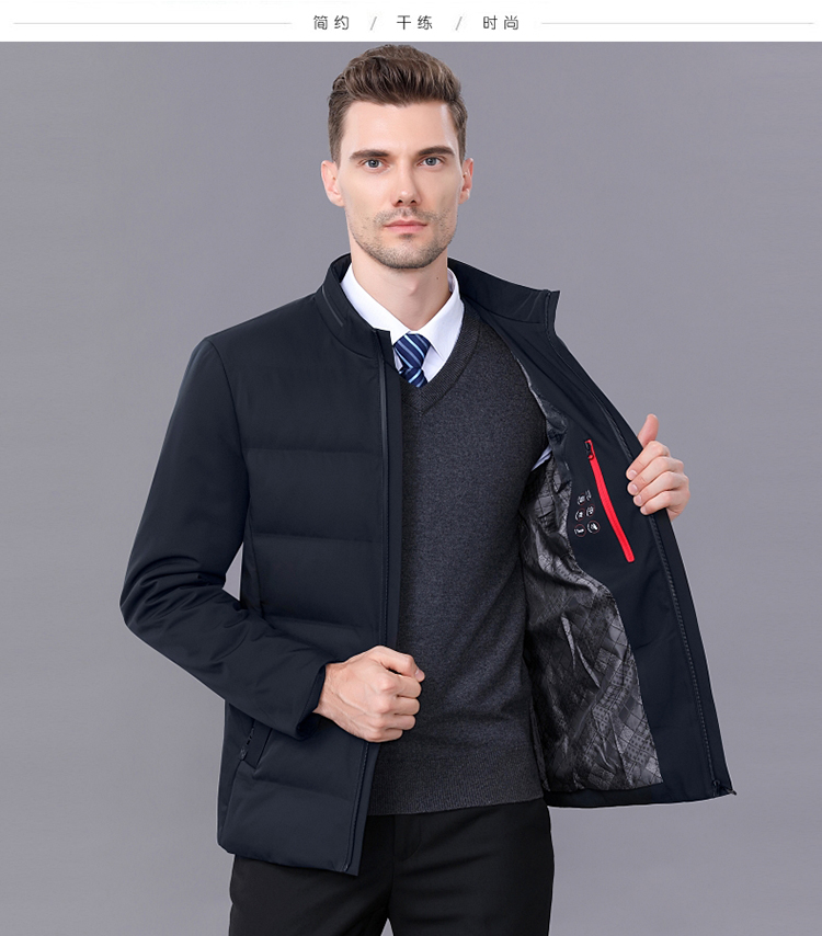 皮尔卡丹立领棉服夹克男秋保暖外套桑蚕丝棉袄中老年轻薄棉衣针织深蓝