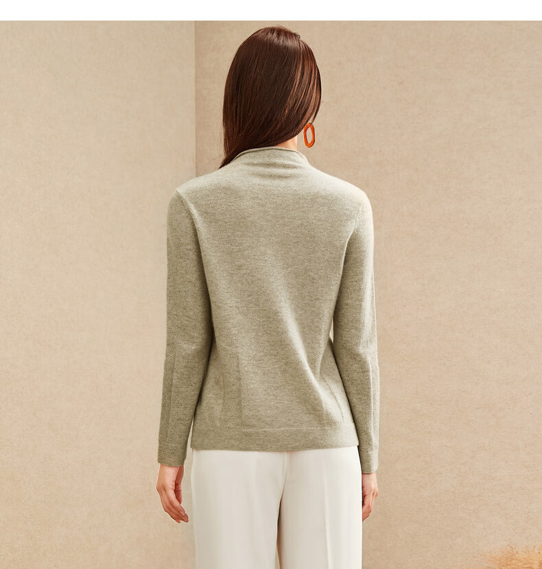 米皇2020秋季新款套头半高领羊绒衫女休闲纯色提花纯羊绒毛衣无染中驼