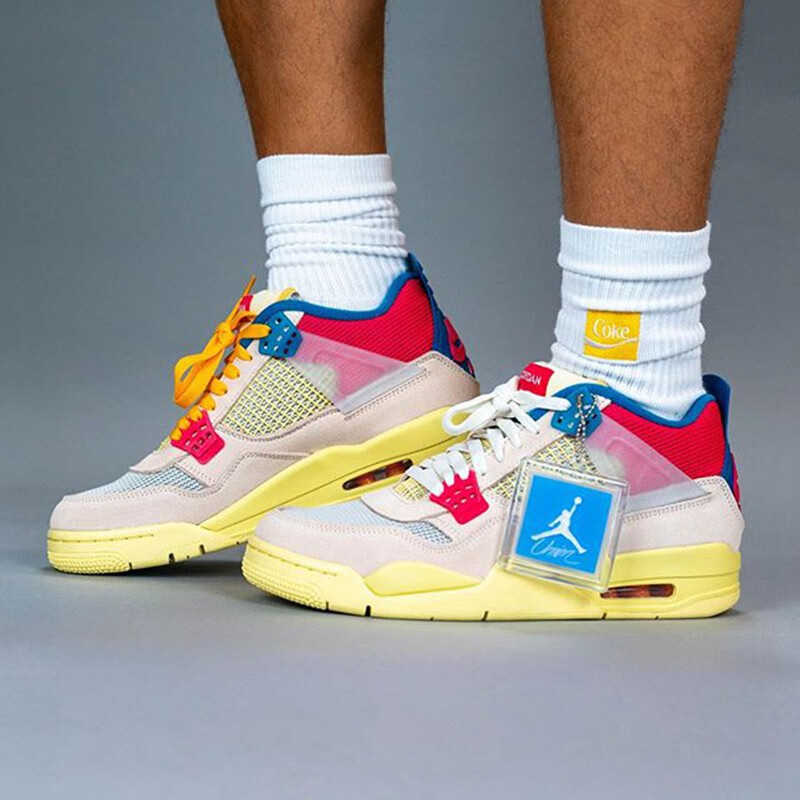 潮耐克nikeairjordan4aj4xunion联名骑士南海岸篮球鞋粉红蓝dc