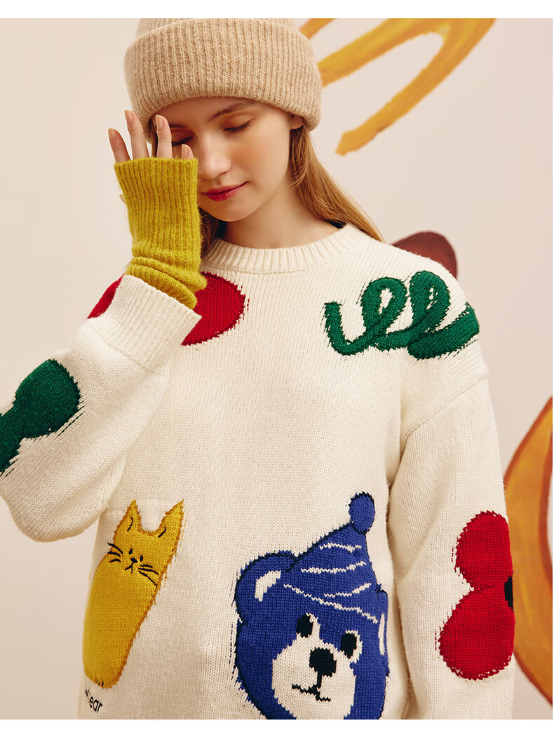 teenieweenie小熊撞色毛衣女冬季新款女毛衫黑色155xs