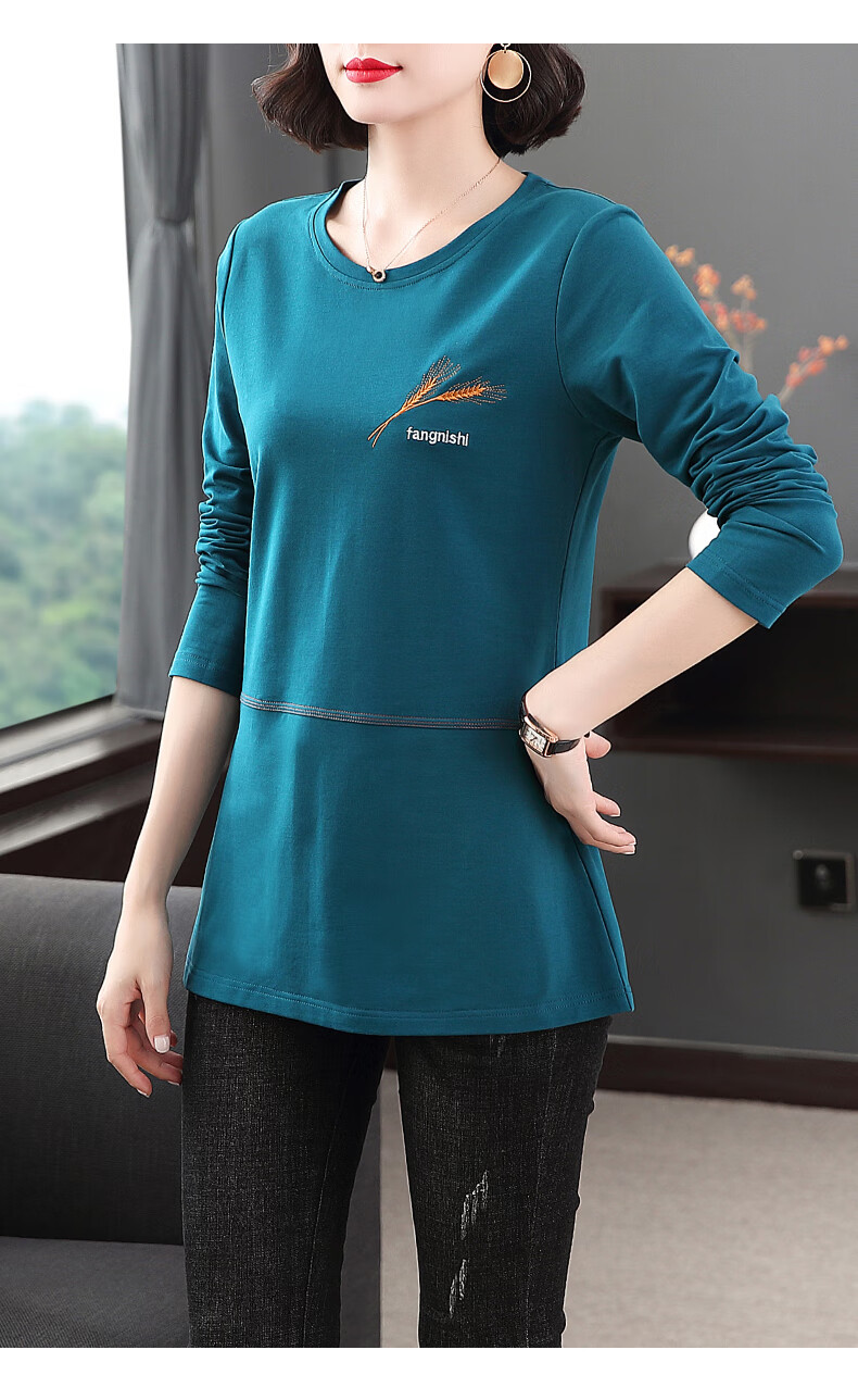 芳妮诗刺绣t恤女长袖衣服中长款加大码宽松女装新款秋装上衣薄款中年