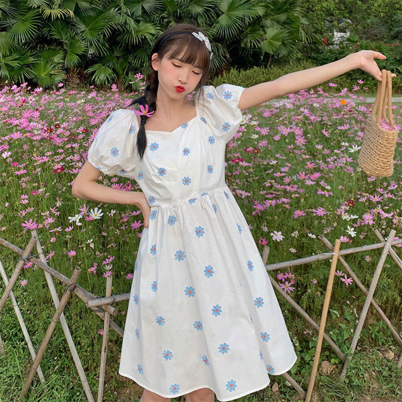 丽雯娜少女装高中生大学生装社会女生2020夏装新款小雏菊连衣裙女学生