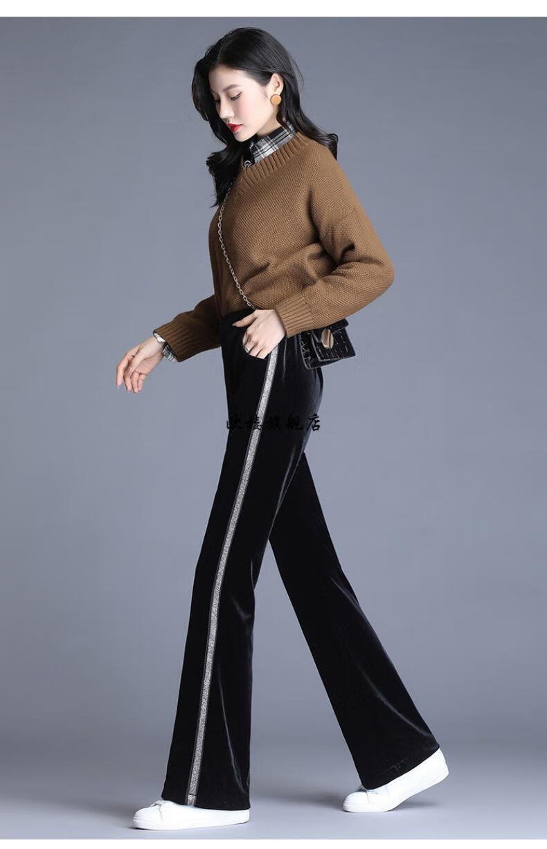 女士丝绒宽腿裤子阔腿裤运动坠感新款秋冬加绒直筒平绒不倒绒裤子黑色