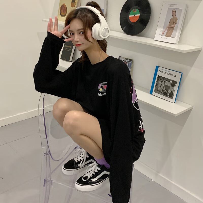 超火韩版个性印花t恤女长袖2020秋季新款宽松ins中长款黑色上衣潮