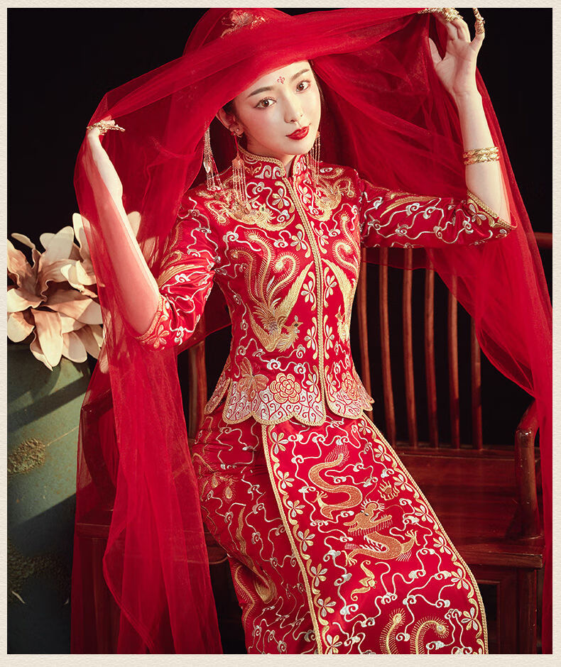 秀禾服新娘2020新款夏龙凤褂凤冠霞帔结婚古装婚纱中式礼服中国风 浅