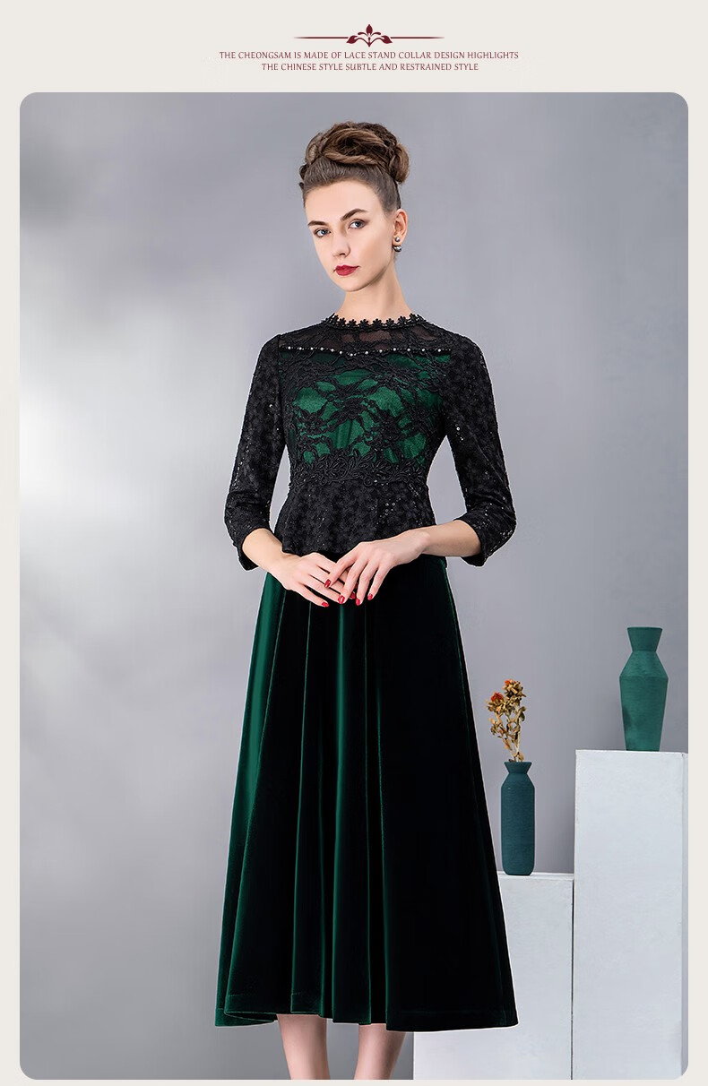 名兰世家女冬女装新品礼服连衣裙时尚名媛气质丝绒蕾丝拼接枣红45m