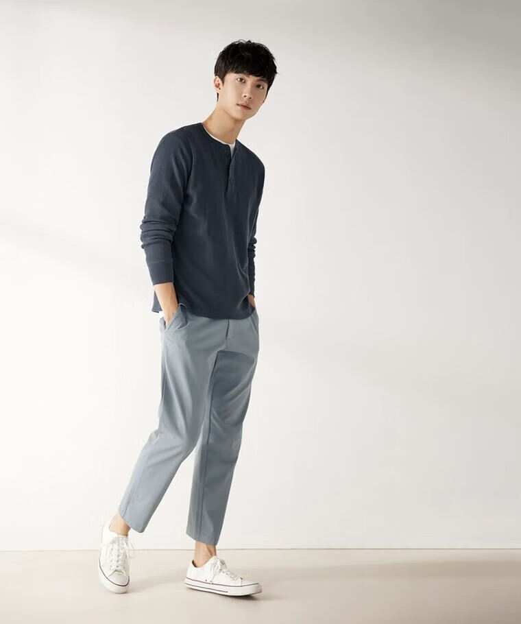 亨利领t恤 男长袖诚衣乐服华夫格t恤上衣体恤套头衫秋季新款休闲t装