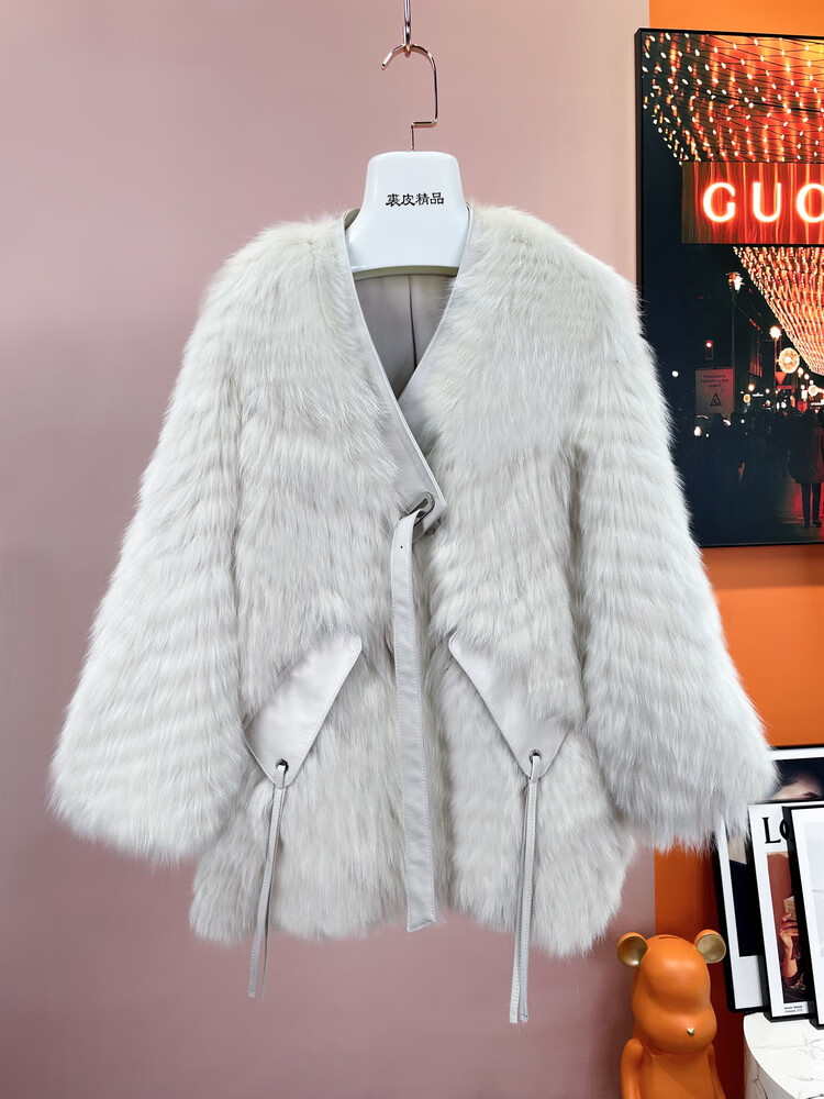 皮草外套女狐狸毛车条v领新款2022中长款显瘦时尚冬p9274 米色 均码