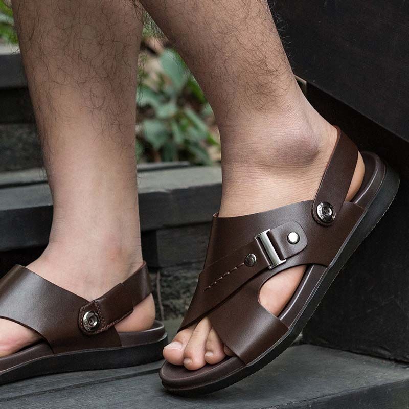 男士凉鞋皮夏季新款沙滩鞋防滑拖鞋中年软底黑色a款38