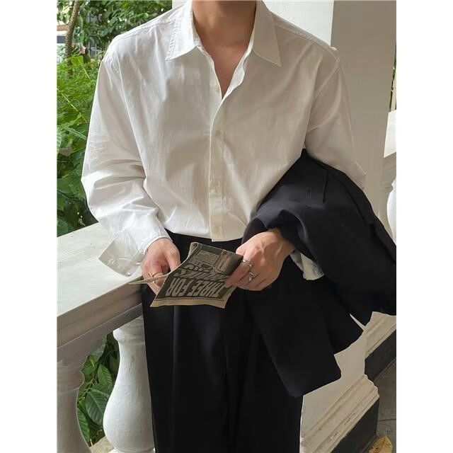 啄木鸟春秋冬季男装春季新款韩版纯色宽松衬衣男潮流感休闲白衬衫男潮