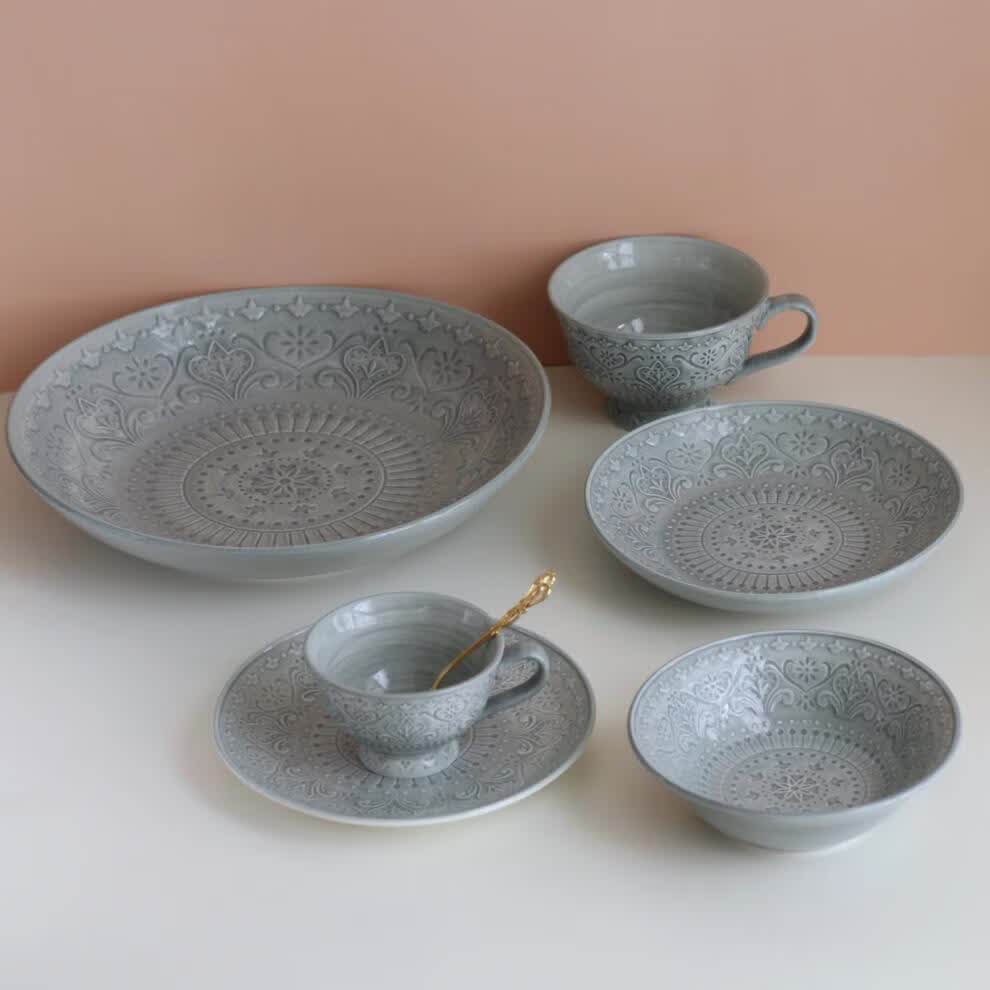 【梦田良品】出口丹麦宫廷复古立体浮雕玻璃釉陶瓷餐盘汤盘杯 小蛋托