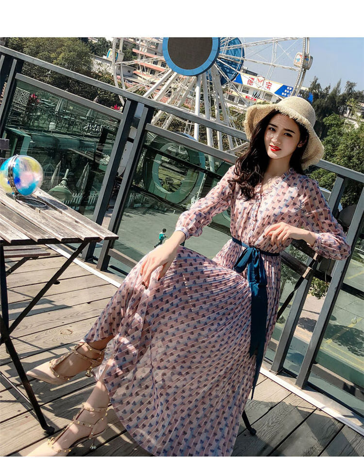 zaier小碎花连衣裙女小花裙子粉色收腰显瘦系带气质长款百褶雪纺裙子