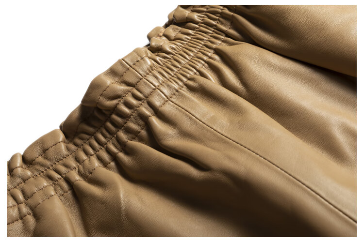 真皮短裤新款宽腿高a级小羊皮女皮裤松紧腰时尚裤子直筒裤 利休白茶色