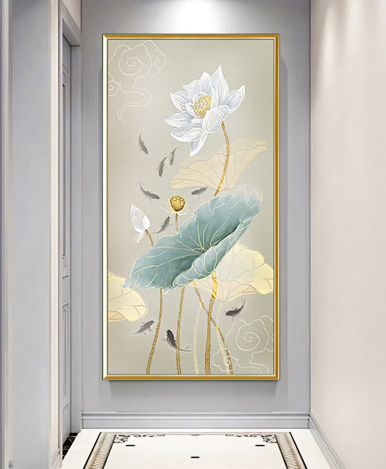 轻奢家居日用代简约北欧手绘油画荷花九鱼新中式玄关装饰画竖版过道
