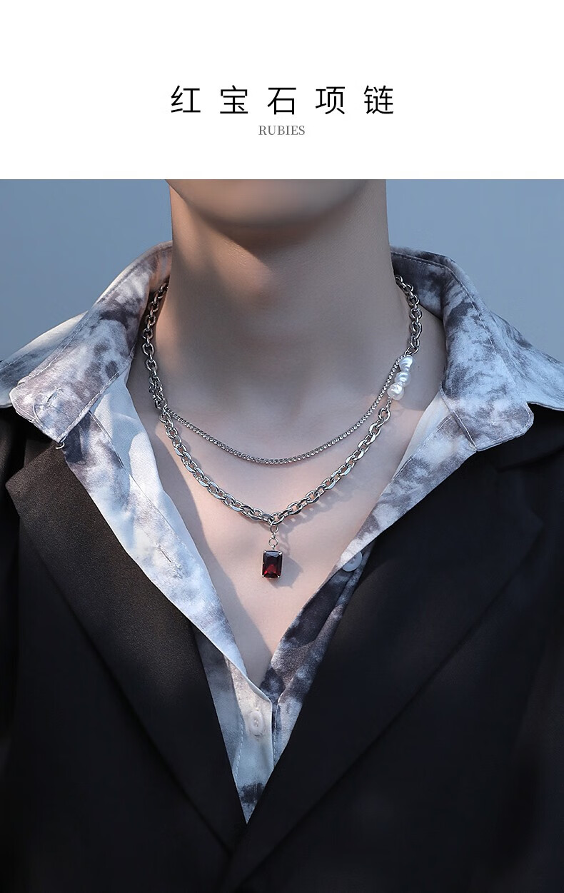 poogaloper夏季新品红宝石项链男潮韩版嘻哈双层男士锁骨链女网红学生