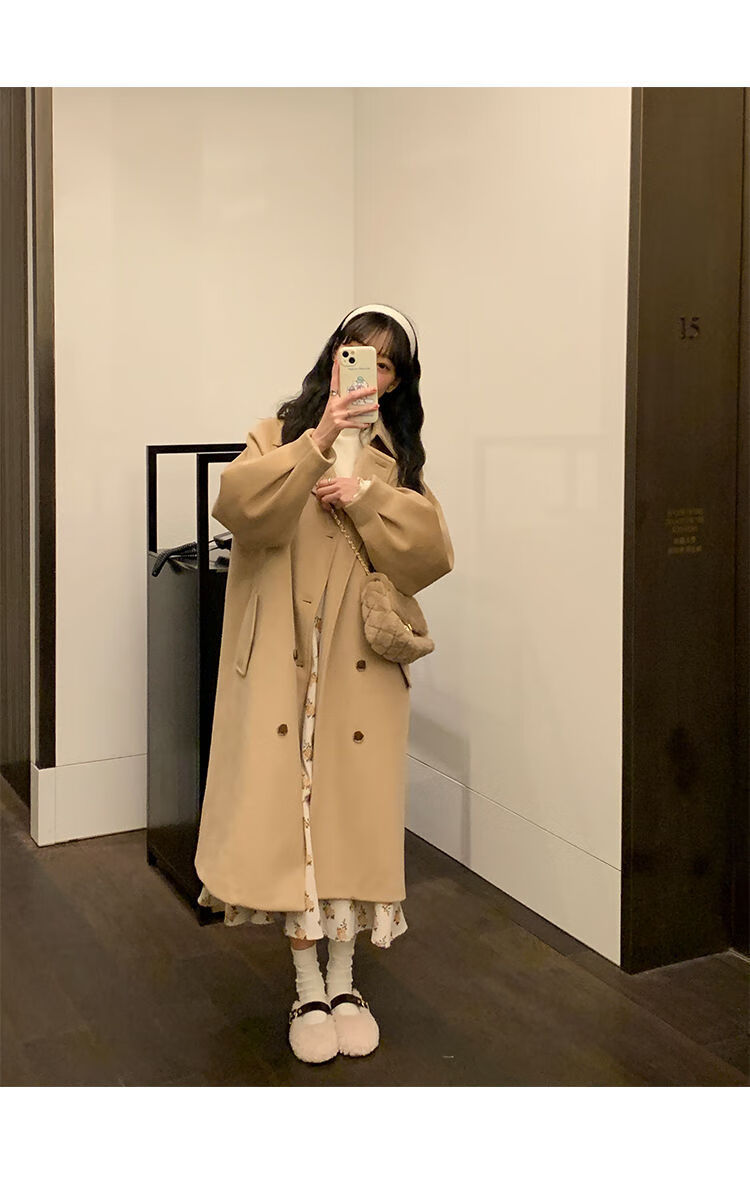 冬季新款学院风毛呢大衣女奶咖色甜美可爱宽松显瘦小个子毛呢外套尼