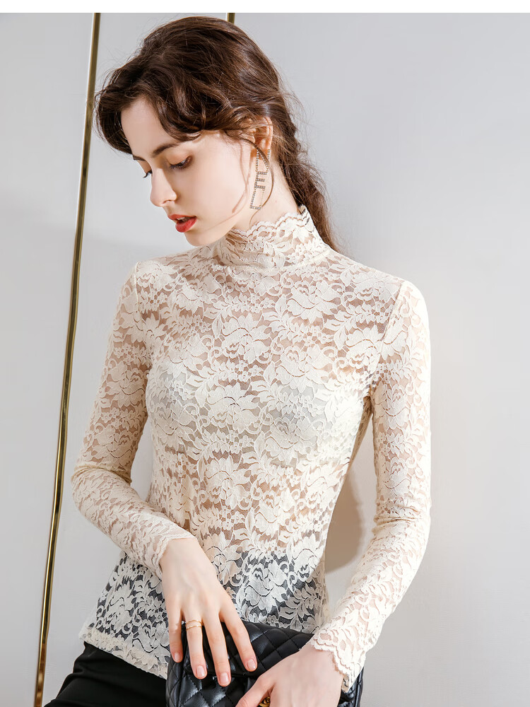丹语半高领蕾丝打底衫女秋冬内搭长袖洋气小衫性感镂空雷丝上衣 杏色