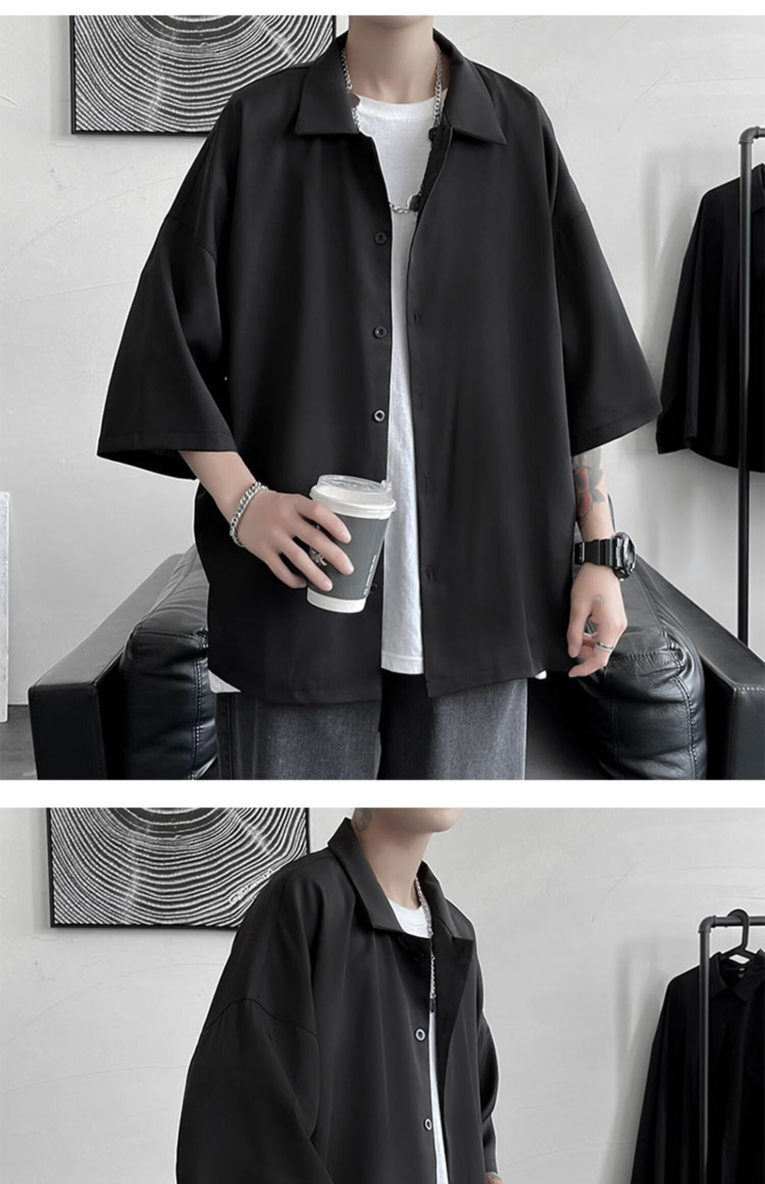 黑色衬衫男七分袖oversize潮流痞帅气男士外套夏季休闲男装内搭白衬衣