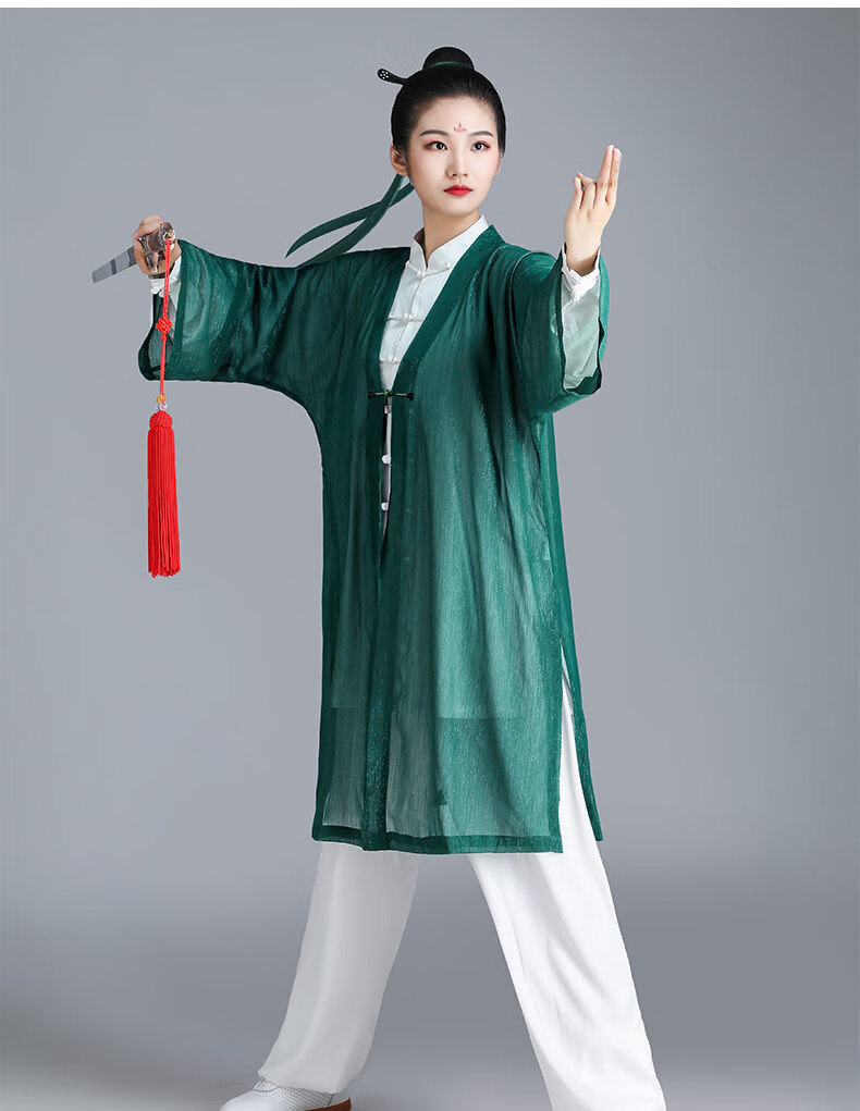 山人运动太极服披纱女春夏外搭武术服练功服垂顺飘逸太极拳服装酒红色