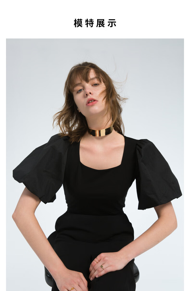 icy2020年夏花瓣袖宫廷风t恤女 黑 l