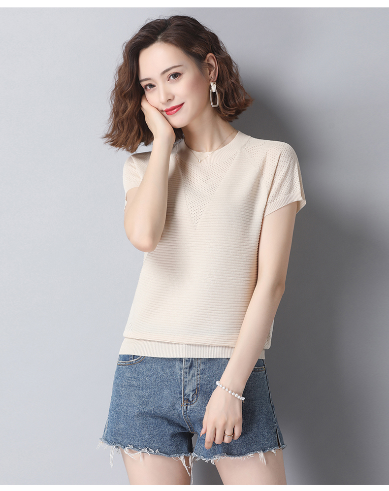 歌米拉冰丝短袖t恤女装2022新款夏装薄款中年针织衫夏季半高领上衣