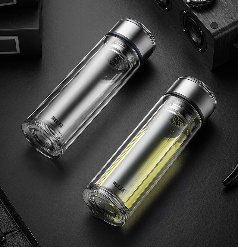 男女士加厚双层玻璃水杯子商务便携大容量过滤泡茶杯随手杯 沉着黑350