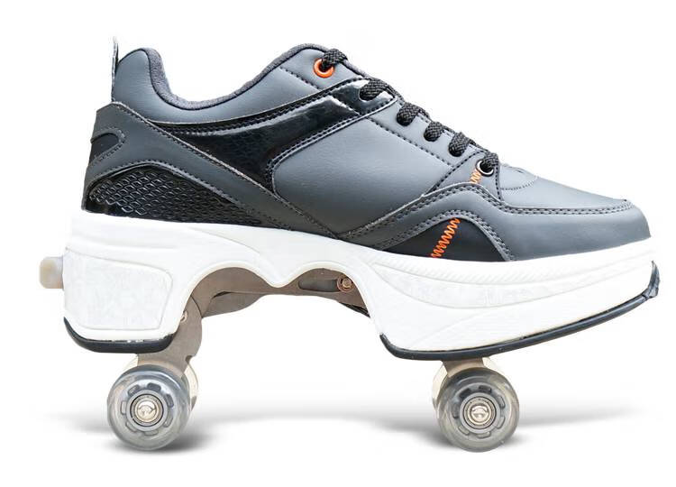 溜冰滑轮滑冰鞋男女双排四轮隐形变形鞋儿童暴走鞋带轮子的鞋浅黑34