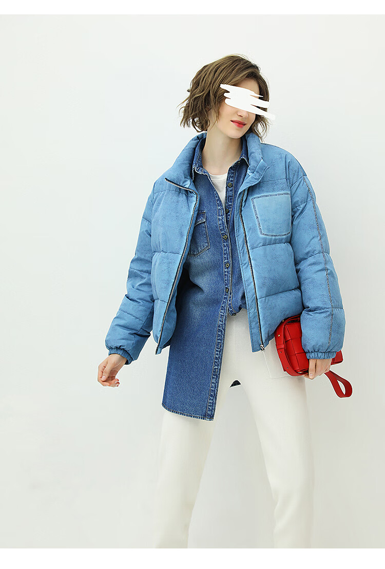 cocobella牛仔风印花立领90绒短款羽绒服女保暖面包服ct1221 牛仔蓝 s