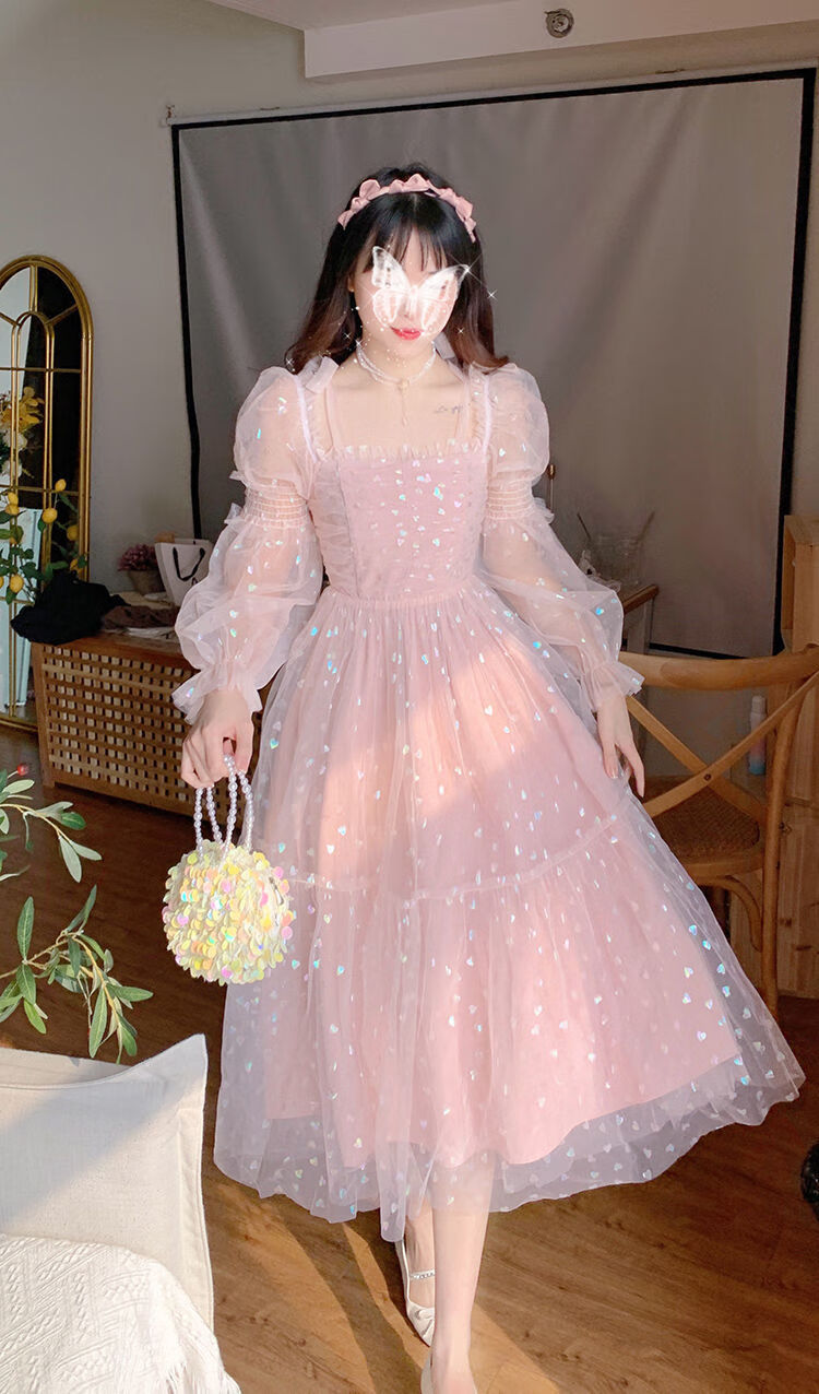 网纱连衣裙夏季法式超仙爱心蝴蝶结绑带收腰灯笼袖公主裙女中长款浅