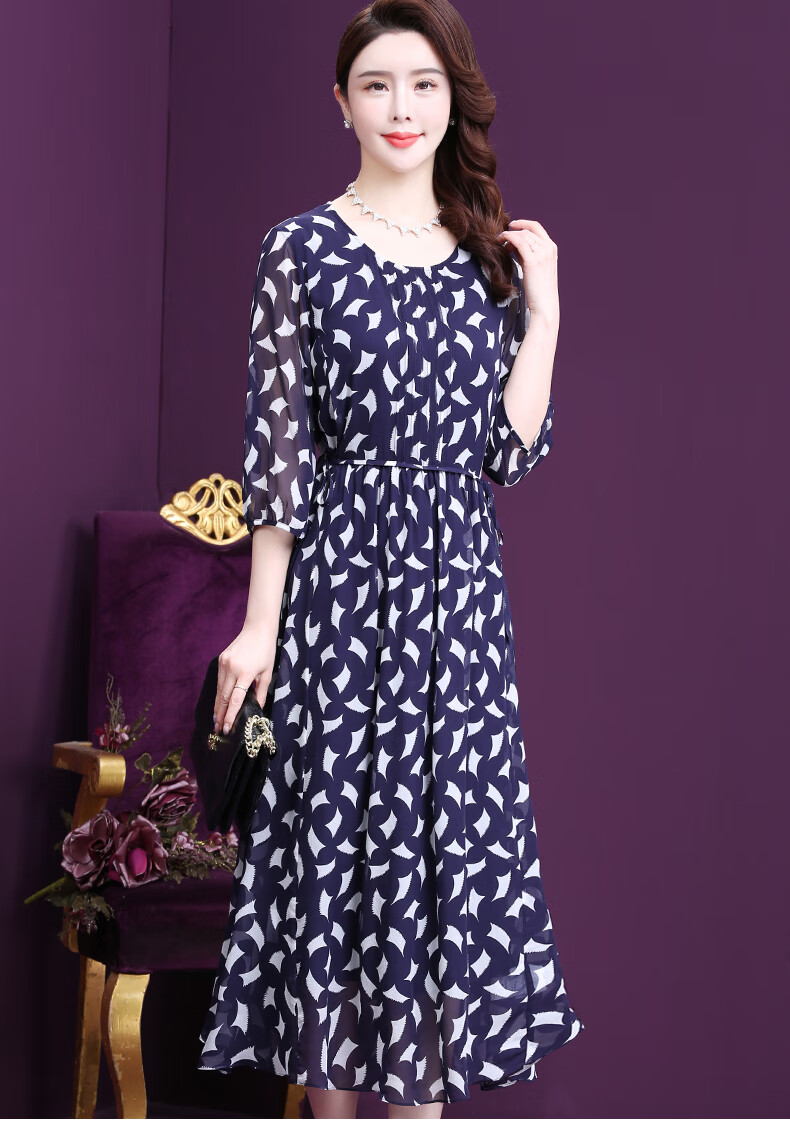 王小鸭印花连衣裙女夏2021新款宽松垂感阔太太长款飘逸真丝裙深宝蓝m