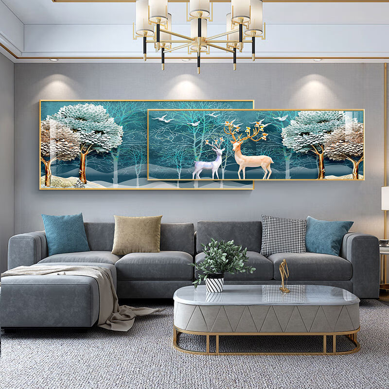 客厅沙发背景墙烤瓷镶钻装饰画双层画高档画中画长幅叠加画挂壁画金山