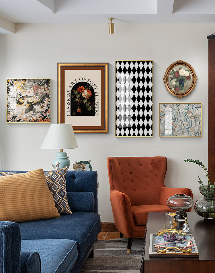 法式客厅装饰画小众艺术美式软装轻奢壁画复古沙发背景墙组合挂画