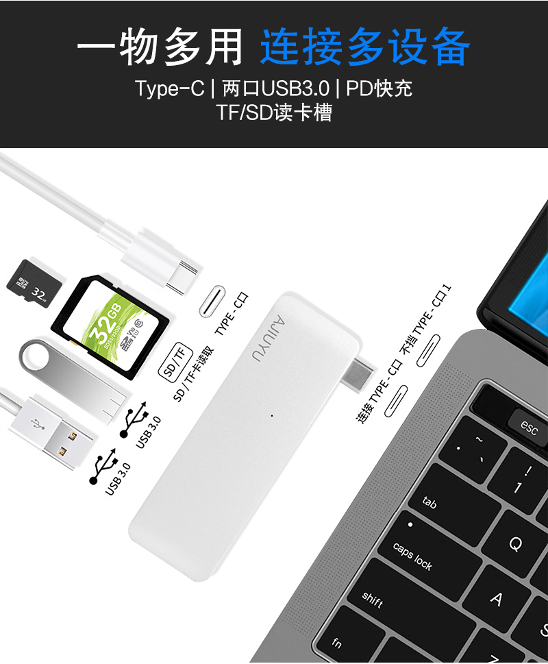 久宇usb-c拓展塢蘋果/華為筆記本電腦轉接器微軟/聯想/惠普二合一