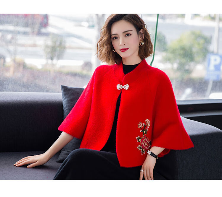 春秋披肩配旗袍短款斗篷外搭冬羊绒女士婚礼礼服坎肩加厚外套 枣红