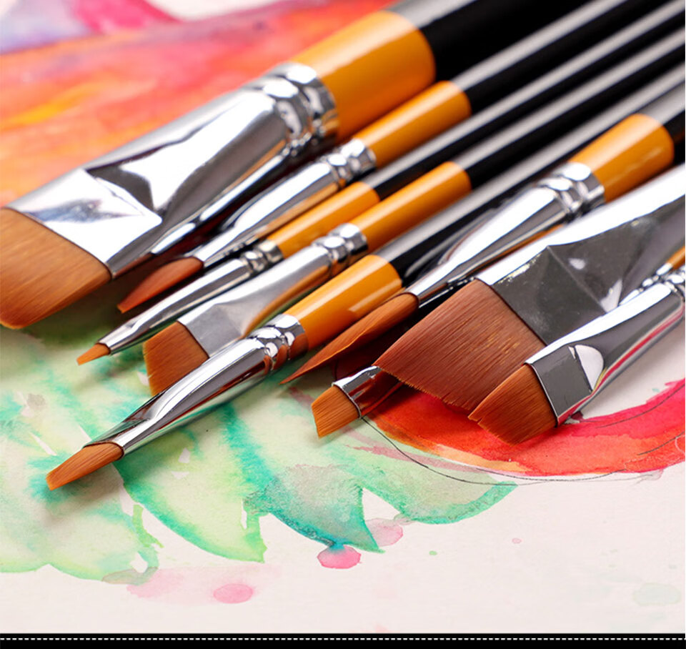 玉泉韵艺之笔972尼龙斜头斜峰画笔水彩水粉丙烯油画设计画笔图案笔8号