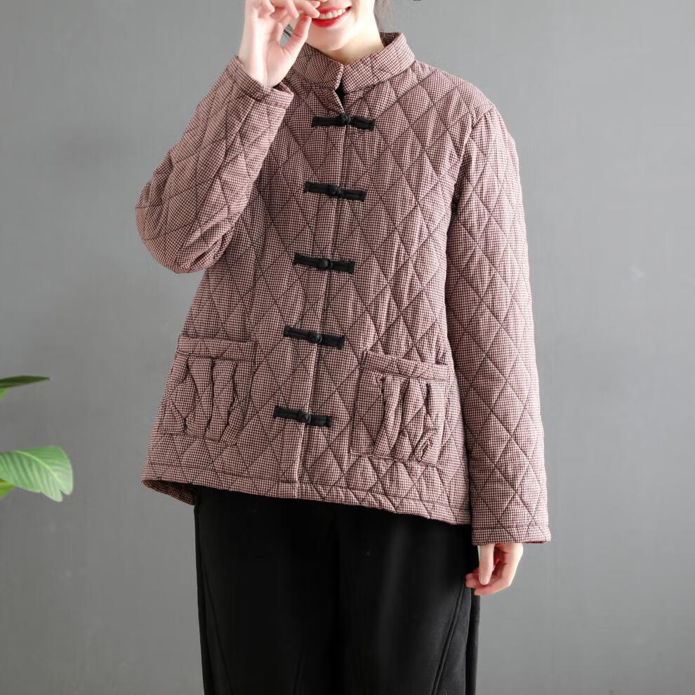 棉麻格子棉衣外套女短款文艺复古民族风立领盘扣时尚休闲保暖棉袄