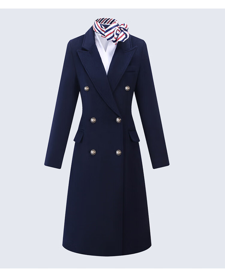 浣佩高级感职业毛呢外套女中长款双排扣冬款蓝空姐银行珠宝店客服工作
