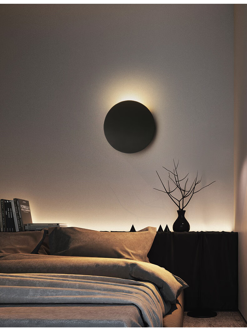 朗上床头壁灯简约现代极简背景客创意圆形主卧室灯房间书房餐厅灯白色