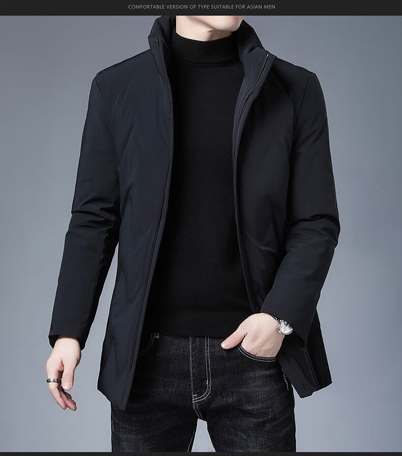 新品新款羽绒服男中长款秋冬季加绒加厚中年男士冬装保暖外套 黑色