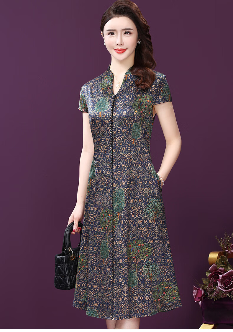 王小鸭真丝桑蚕丝连衣裙女短袖新款夏减龄复古碎花裙子 藏青色 4xl