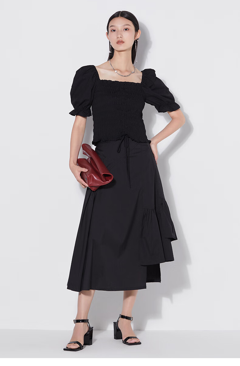 曼德诗半身裙女2022夏设计感小众不规则中长款a字高腰裙棉质半裙 黑色