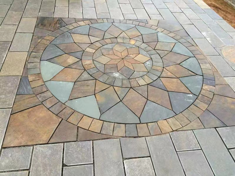 户外文化石圆拼花天然青石板地砖户外文化石圆拼花庭院室外院子风水盘