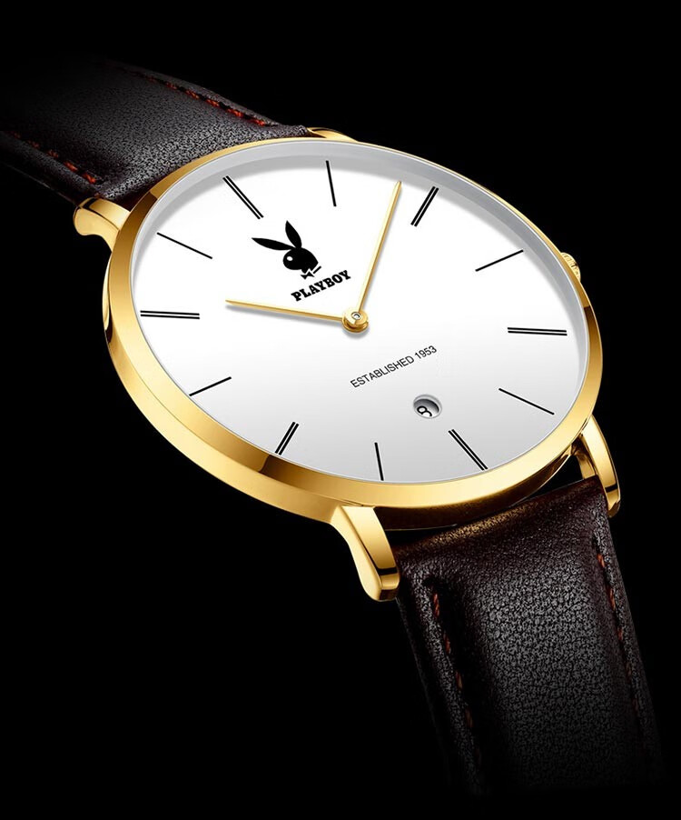 花花公子playboy新款男士手表时尚商务石英手表日历防水简约牛皮表带