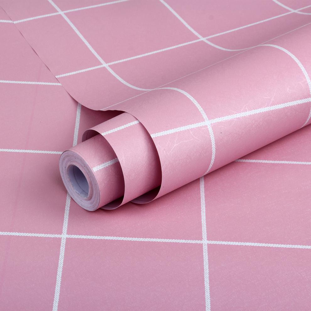 足10米墙纸自粘色壁纸pvc水油擦洗学生寝室墙桌柜贴纸大粉格子10米长