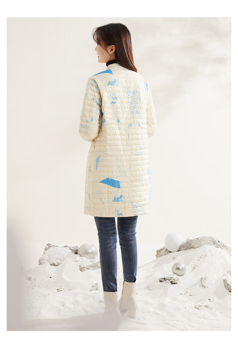 商场同款熙然冬季新款休闲印花立领中长款羽绒服女淡粉沙色s