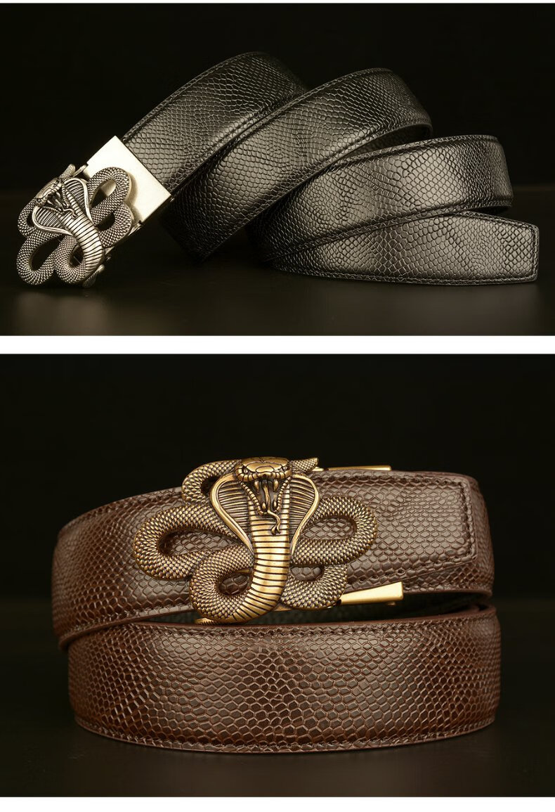男士真皮腰带2021新潮流蛇皮纹个性裤带眼镜蛇自动扣头层牛皮皮带蛇皮