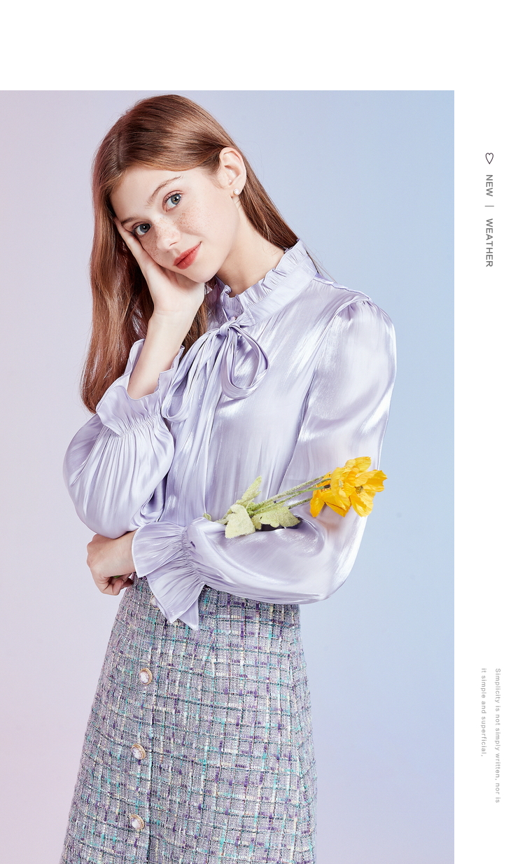 秋水伊人衬衫秋装2020年新款女装宫廷风立领荷叶边直筒上衣女 紫色 s