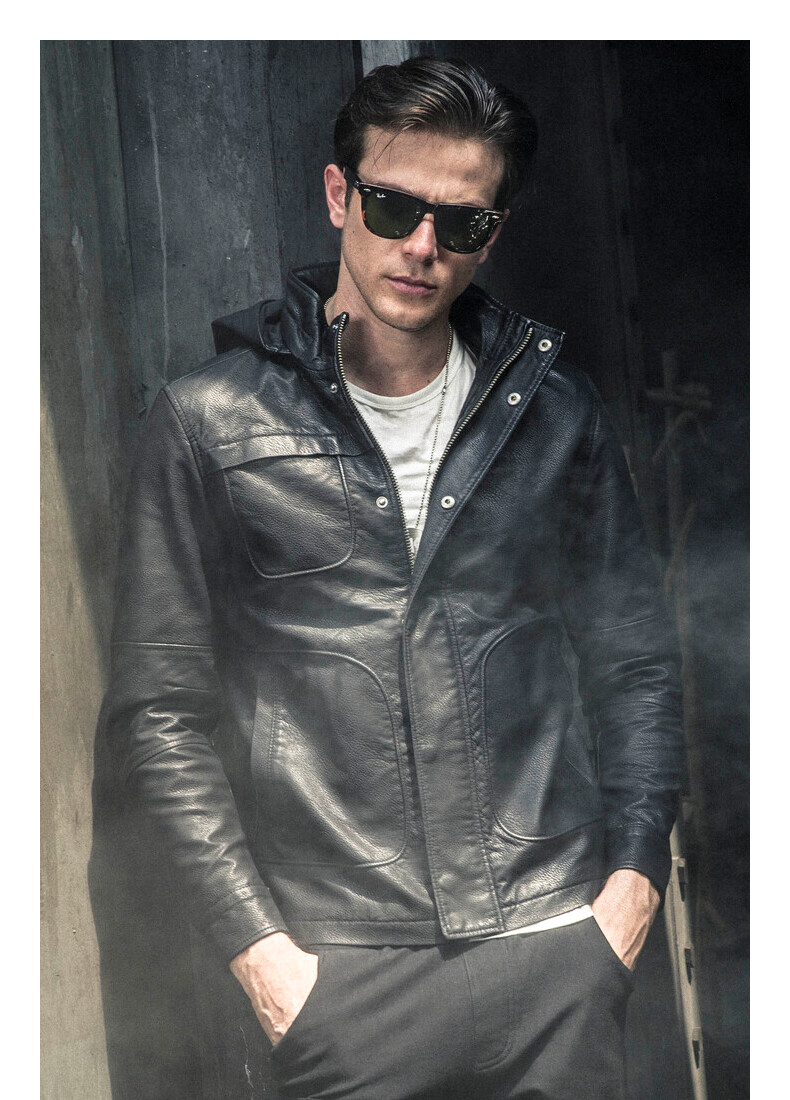 ak男装碟中谍汤姆克鲁斯同款特工连帽夹克pu皮皮衣男2004255 黑色 s