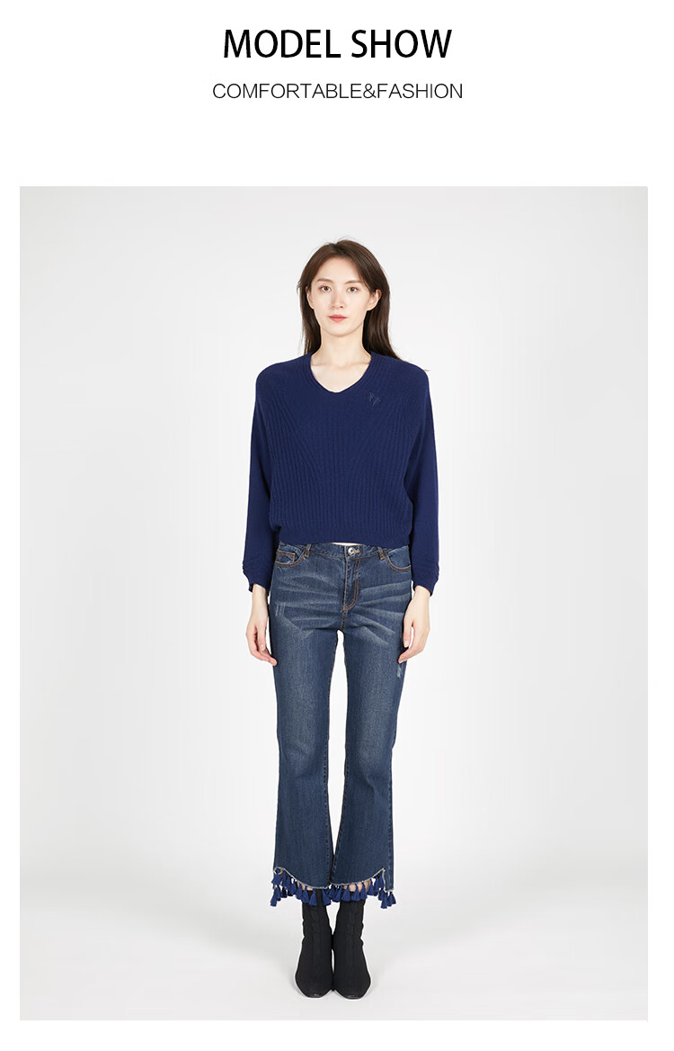 敦奴dunnu2021新品圆领套头百搭休闲刺绣时尚长袖针织衫女深蓝xxl